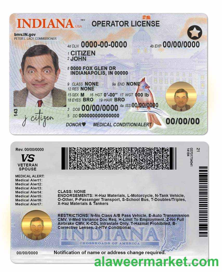 USA Indiana driving (operator) license template in PSD format (2019 - present)